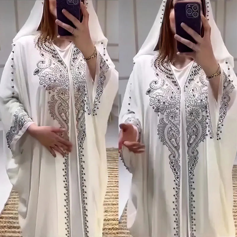 Eid Muslim Dress for Women Hooded Abaya 2 Piece Set Diamond Jalabiya Morocco Party Dresses Dubai Abayas Kaftan Vestido Long Robe