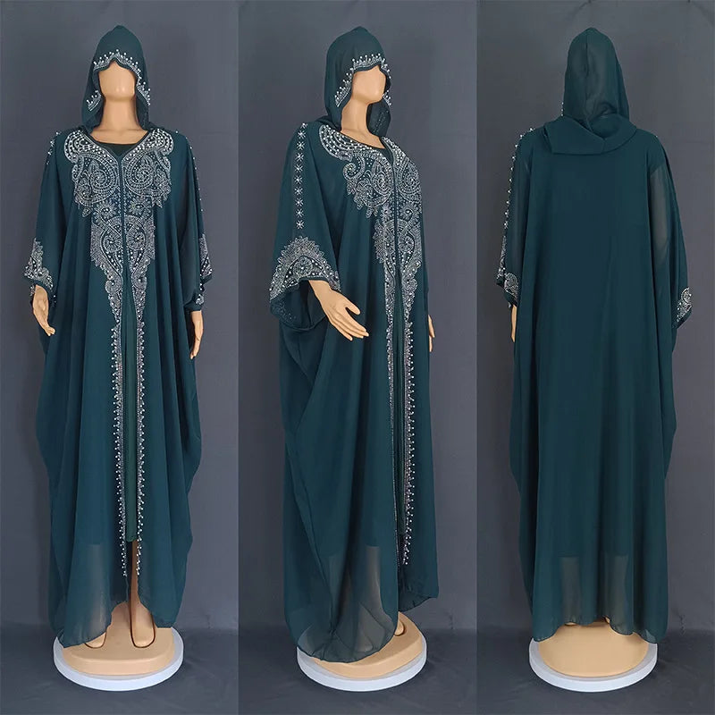 Eid Muslim Dress for Women Hooded Abaya 2 Piece Set Diamond Jalabiya Morocco Party Dresses Dubai Abayas Kaftan Vestido Long Robe