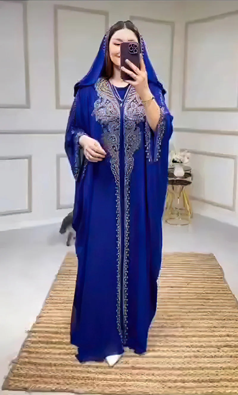 Eid Muslim Dress for Women Hooded Abaya 2 Piece Set Diamond Jalabiya Morocco Party Dresses Dubai Abayas Kaftan Vestido Long Robe