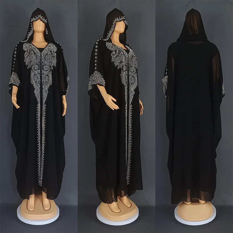 Eid Muslim Dress for Women Hooded Abaya 2 Piece Set Diamond Jalabiya Morocco Party Dresses Dubai Abayas Kaftan Vestido Long Robe