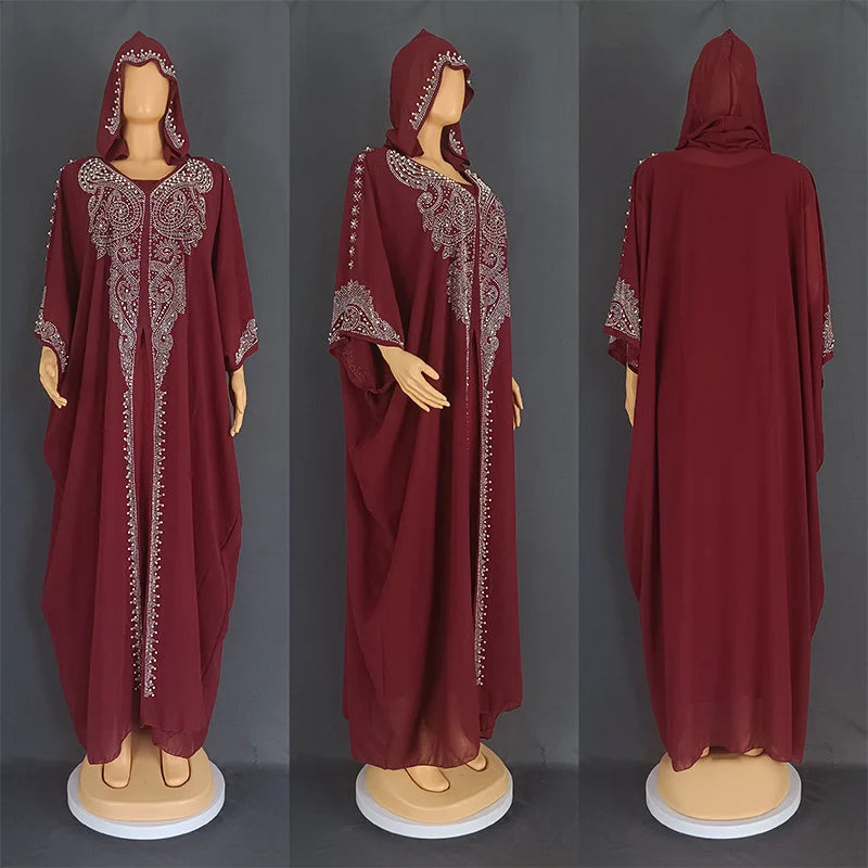 Eid Muslim Dress for Women Hooded Abaya 2 Piece Set Diamond Jalabiya Morocco Party Dresses Dubai Abayas Kaftan Vestido Long Robe